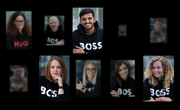 Composite of employee portraits in BOSS hoodies some blurry (Photo)