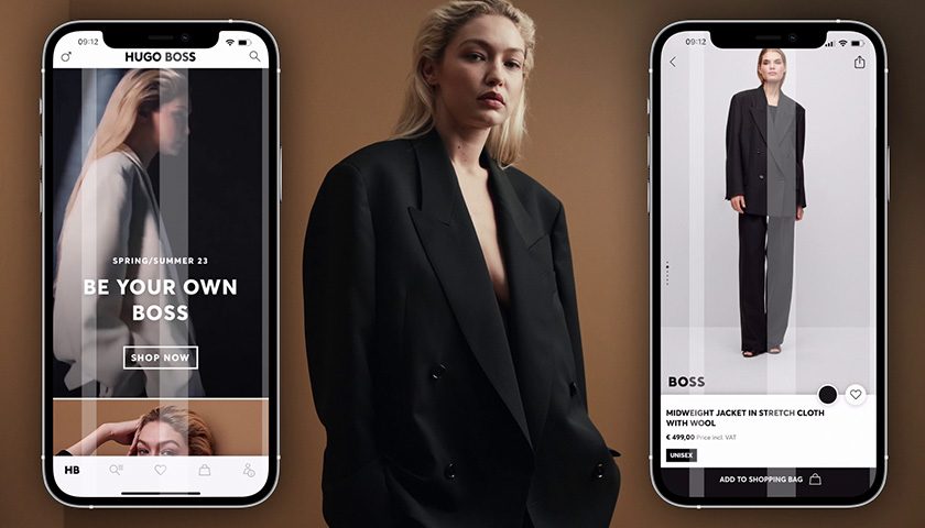 Powerful Touchpoints – Two Mock-up of HUGO BOSS app bookending a person wearing an oversized suit jacket (Photo)